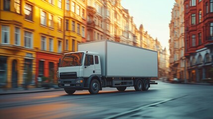 Fototapeta premium White Delivery Truck Speeding Through a Vibrant European City Street at Sunrise, Highlighting the Efficiency and Vitality of Urban Logistics Against a Backdrop of Colorful Architecture