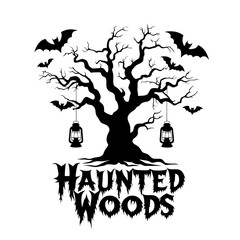 Spooky black and white graphic with leafless tree, lanterns, bats, and "HAUNTED WOODS" text in jagged font, chilling design, generative ai