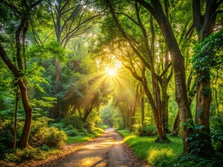 Obraz premium Serene winding dirt path disappears into dense foliage, dappled sunlight filtering through towering trees, evoking a sense of tranquility and connection with nature.