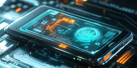 Fototapeta premium A futuristic phone displaying Bitcoin on a circuit board.