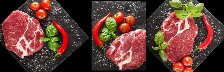 fresh raw meat with tomatoes and herbs