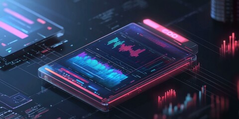 Futuristic device displaying data graphs.