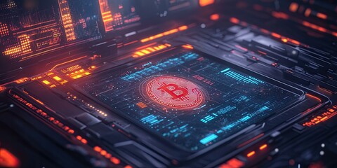 Fototapeta premium Red Bitcoin on a futuristic circuit board.