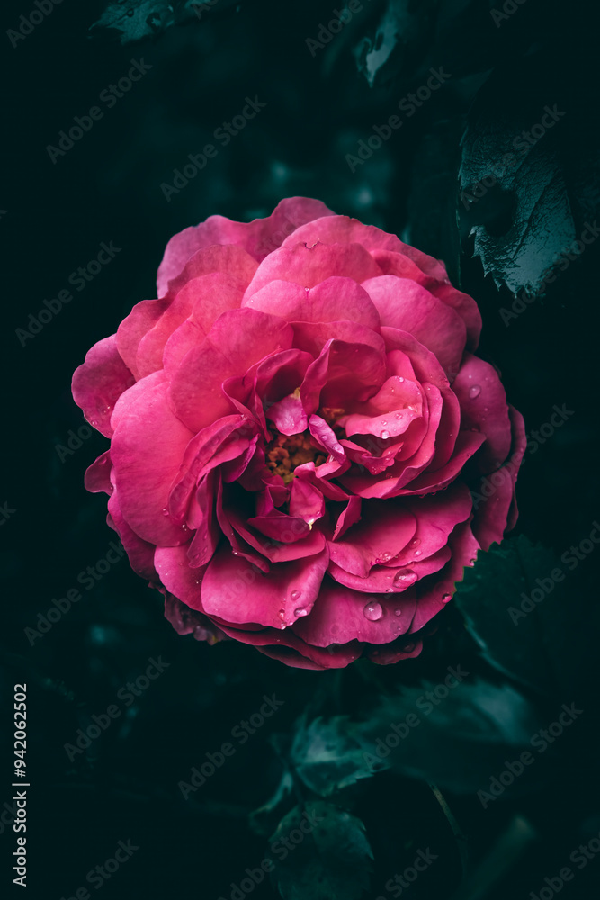 Wall mural A close up of a pink garden rose and green leaves with rain drops