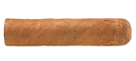 Big brown luxury cigar isolated on a white background. Handcrafted cigar made with real tobacco leaves.