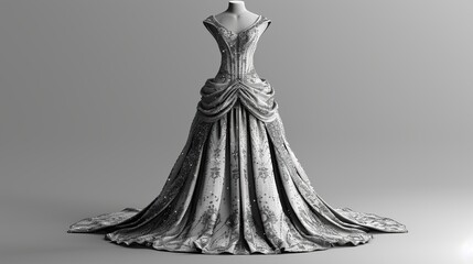 A long, flowing white gown with a fitted bodice and a full skirt. The gown is covered in small, sparkling sequins and has a sweetheart neckline.