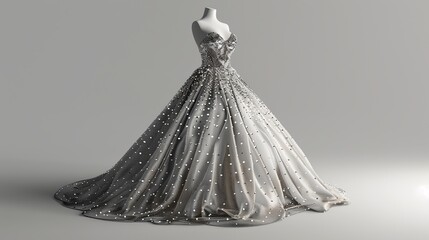 A beautiful silver gown with sparkling embellishments on a white mannequin.