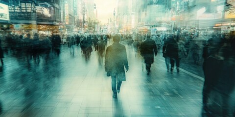 Fototapeta premium A person walks through a blurred city crowd.
