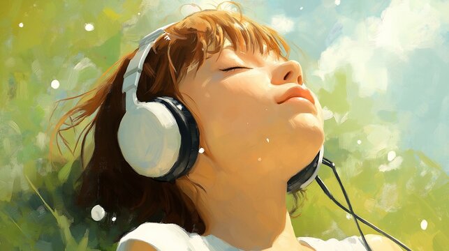 girl headphones blowing deep mouth sunbathing illustration floating powerful zen state music make air radio