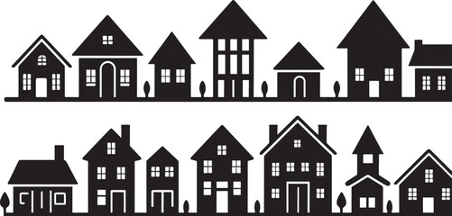 set of houses silhouette isolated on white background