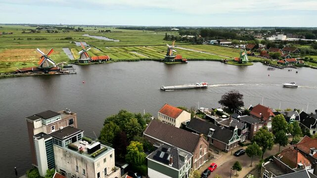 Dutch typical landside - view from canal to windmills (b-roll)