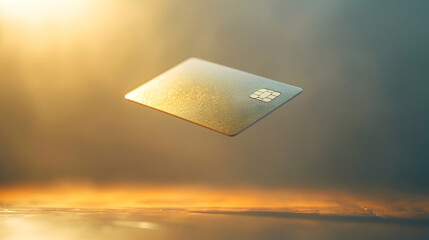Floating platinum credit card illuminated by soft golden light. Generative by AI