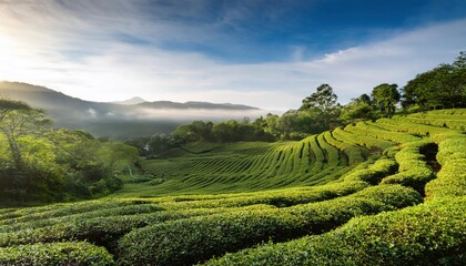 Tea Garden in the Morning with Cool Weather: Serene Tea Plantation Scene