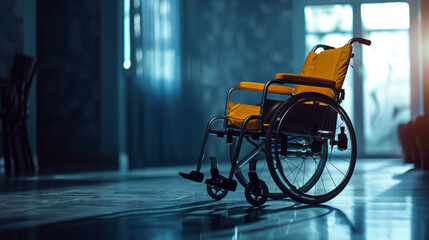 International Day of Persons with Disabilities. Empty wheelchair in empty room. Horizontal banner. Copy space. World Disability day. Problem of accessibility and inclusion of disabled people