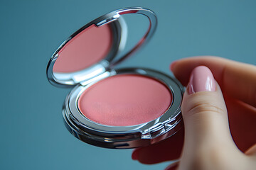 a hand holding a compact mirror while applying blush, with the soft color reflecting in the mirror