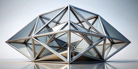 Fototapeta premium Sleek, geometric modern shape made of metal and glass, featuring intersecting curves and angular lines, set against a clean, minimalist white background.