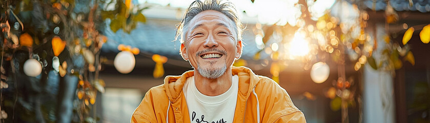 A man in a yellow jacket is smiling and sitting in the sun