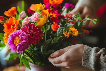 a person’s hands arranging fresh flowers in a vase, with focus on the delicate petals