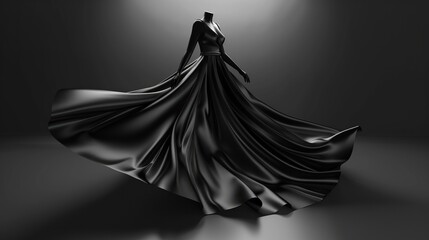 A black satin dress flowing dramatically on a mannequin, the fabric creating elegant waves in a dark studio.