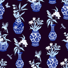 Seamless pattern with Chinese blue vases and flowers. Vector.
