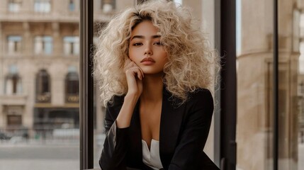 Fototapeta premium Teen Chinese Woman with Blond Curly Hair creative poster.