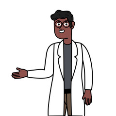 black male doctor with glasses smiling and gesturing with her hands to show.eps