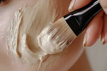 a hand applying a luxurious face mask with a brush, with focus on the smooth, creamy texture