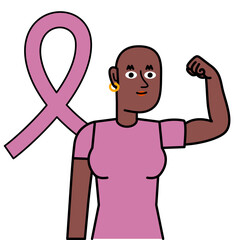 black Woman with cancer showing strength, with cancer logo in background.eps