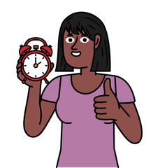 Happy black  woman holding alarm in his hand and making okay gesture.eps