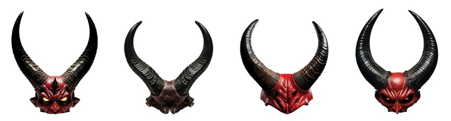 Four variations of horned demon masks, each with unique horn styles and menacing expressions in red and black, against a transparent background, PNG file, perfect for graphic design.