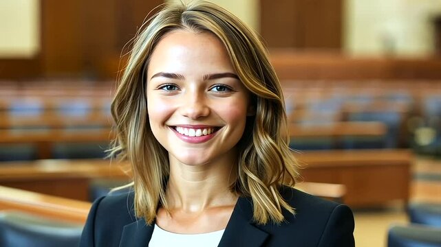 Confident modern woman radiating positivity in a parliamentary setting with a beaming smile.