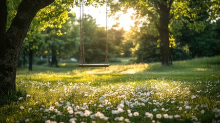 A swing hangs from a tree in a field. This image is perfect for illustrating themes of childhood, playfulness, and carefree fun.