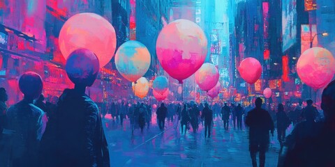 Silhouettes walk past pink balloons in a city.