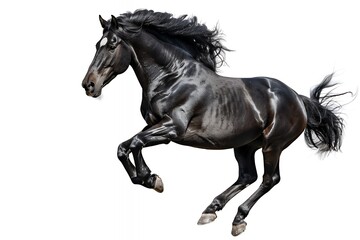 A majestic black horse leaping gracefully against a white background.