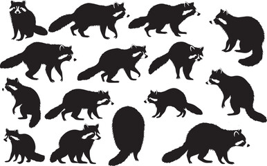 set of raccoon silhouette isolated on white background