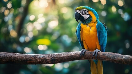 Obraz premium Bright parrot resting on a tropical branch ideal for vibrant and exotic-themed wallpapers