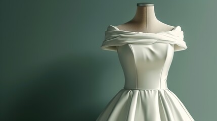 A white satin wedding dress with a draped neckline and a full skirt on a dress form against a teal green background.