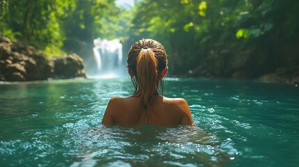 Fototapeta premium A woman swims in a pristine natural pool with a waterfall in the background.