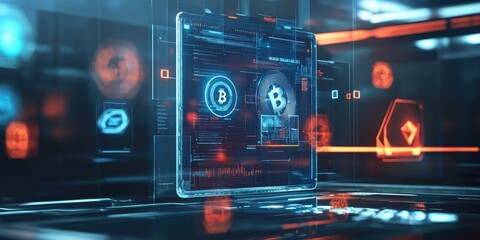 Fototapeta premium Bitcoin symbol on a futuristic digital screen.