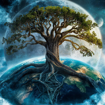 The Sacred Tree of Life: Yggdrasil's Divine Presence as the Axis Mundi in Mythic Norse Beliefs, Bridging Realms and Eternity.