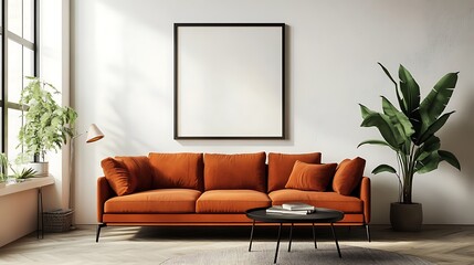 Fototapeta premium A chic mid-century modern living room with a burnt orange sofa and an empty thin black frame on the wall.