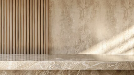 Marble tabletop on wooden wall panels with slats background. Empty countertop mockup for cosmetics products presentation. Clean podium in luxury studio.