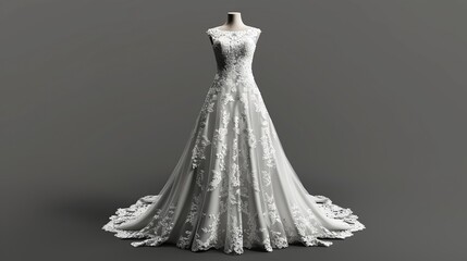 A classic white bridal gown with a lace bodice and a flowing skirt.