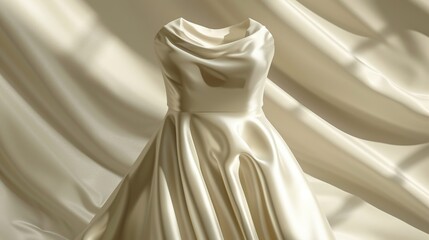 A flowing ivory satin dress draped on a soft, fabric background.