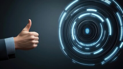 A businessman gives a thumbs-up while interacting with a virtual fingerprint icon, showcasing modern biometric security technology on a digital device in a sleek gray setting