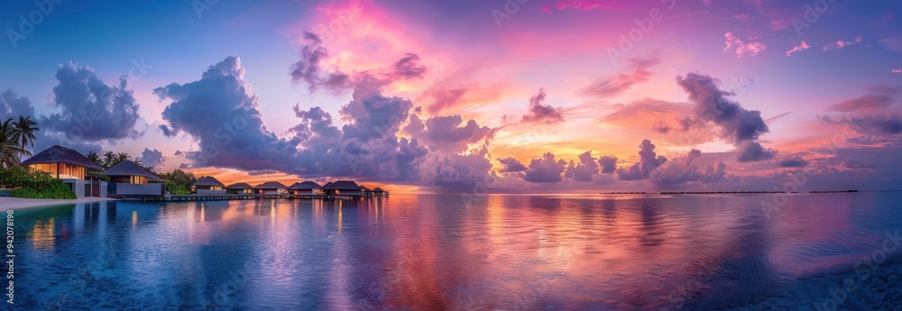 Wall mural water villas at sunset in the maldives