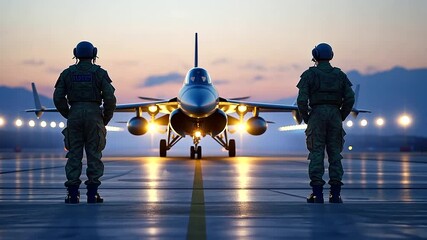 Military pilots in flight suits perform a nighttime pre-flight inspection on a fighter jet at a brightly lit airbase. - Powered by Adobe