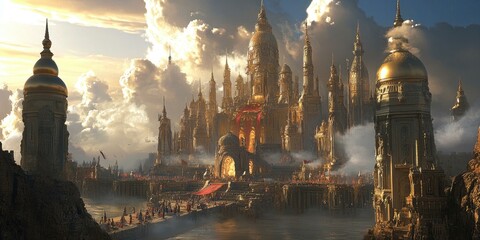 Fototapeta premium Golden city towers over water with clouds.