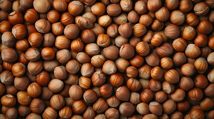 A close-up view of numerous hazelnuts arranged in a natural setting.