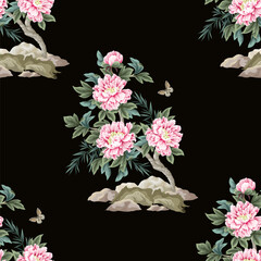 Seamless pattern with Chinese peonies and butterfly. Vector